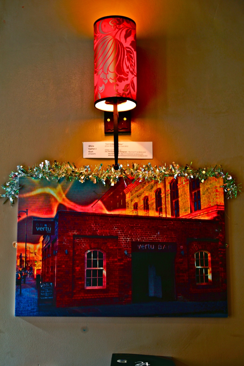 My photo hanging at Vertu Bar, Jewellery Quarter, Birmingham, UK gets the festive treatment with a bit of tinsel